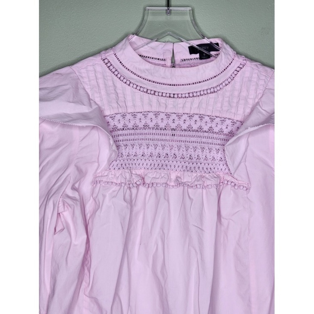 J. Crew Peasant Light Pink Smocked Ruffle Blouse Embroidery Boho Cottage Cotton - Picture 4 of 9